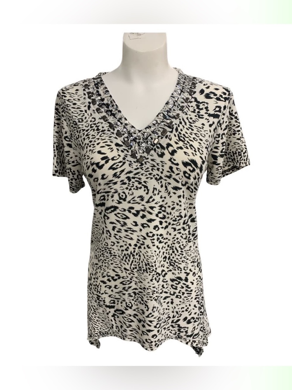 Creation Black & White Animal Print V-Neck Top with Embellished Neckline Size S